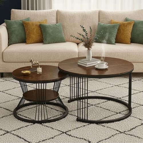 Image of The Round Coffee Table and The Stacking Tea Table with a Gold Metal Frame are Two Versatile Modern Center Tables That Look Great in Living Rooms (Black Brown)