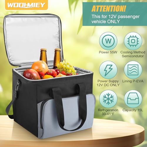 Image of 15L Portable Electric Cooler Bag,Car Cooler Watertight Liner Bag, Soft Sided Thermoelectric Travel Cooler with Shoulder Strap, Storage Pocket & DC 12V Plug in for