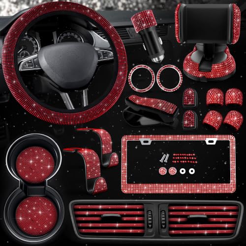 Image of Red Bling Car Accessories Set, 27 Pcs, for Women Drivers