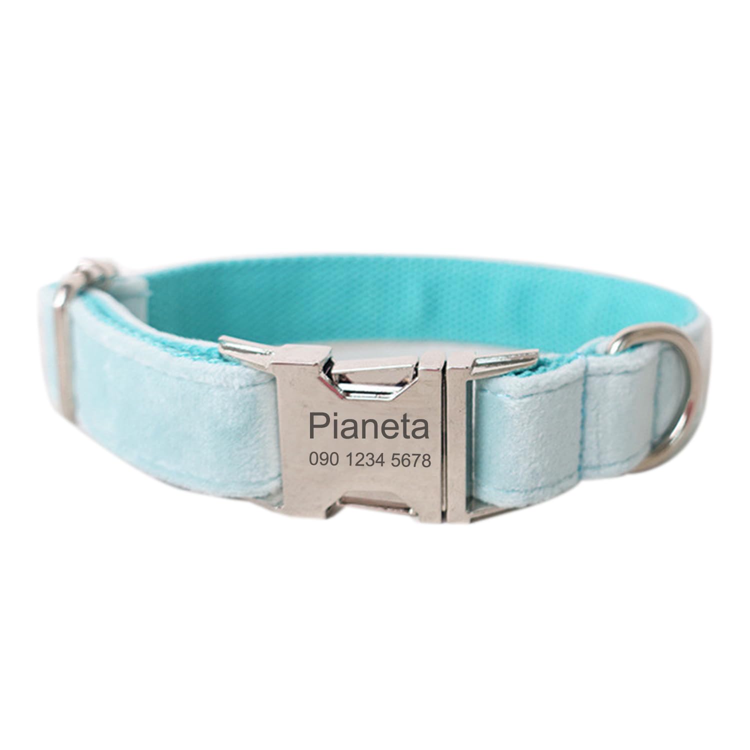 Personalized Dog Collar - Soft Comfy Velvet Custom Dog Collars with Pet Information Engraved on The Metal Plate, Dog Leash and Bow Tie Available (Water Blue)