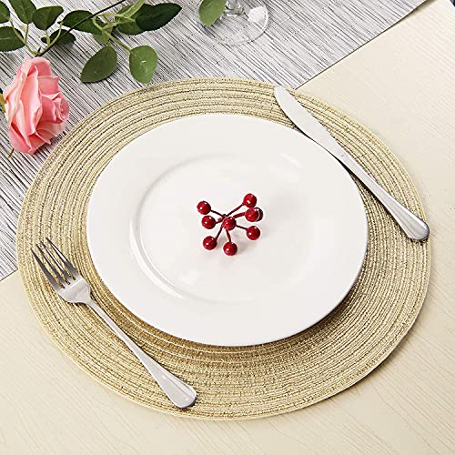 Image of SHACOS Glitter Gold Round Braided Placemats Set of 4 Bling Circle Place Mats Washable Table Mats for Christmas Holiday Wedding Party Dining Table Decor (4, Gold)