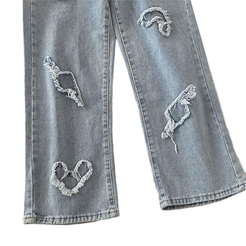 Girls Cute Y2k Baggy Jeans Heart Wide Leg Straight Elastic High Waist Denim Pants Teen Kids Distressed Loose Trousers4