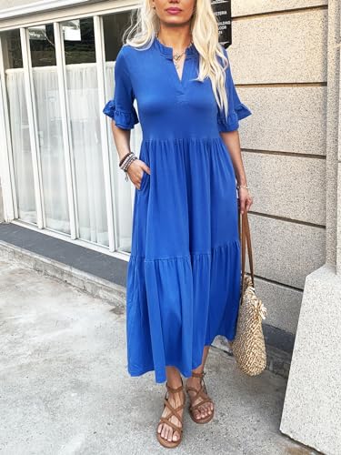 Image of Mieazom Short Sleeves Maxi Dress for Women A Line Summer Dress V Neck Casual Loose Tiered Long Dresses with Pockets