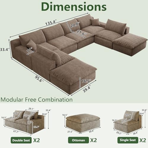 Image of 136 inch Cloud Couch Modular Sectional Sofa for Living Room, U-Shape Boneless Couch with Deep Seat, Modern Corduroy 6-Seater with Ottomans, No Assembly Required, Camel