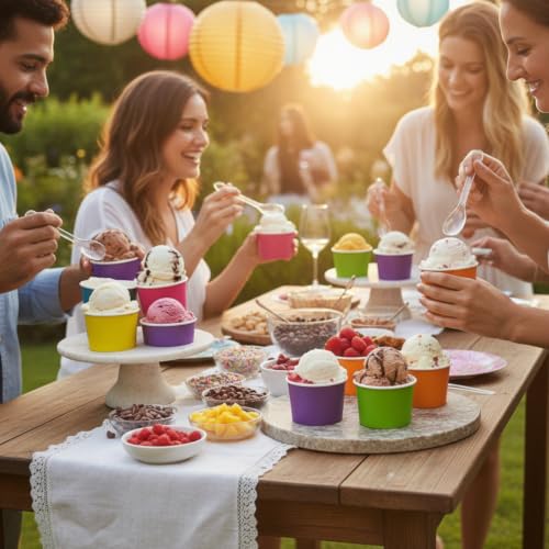 Image of Boao 100 Set 5 oz Ice Cream Cups with Spoons Disposable Paper Sundae Dessert Bowls Summer Party Supplies (Colorful Style)