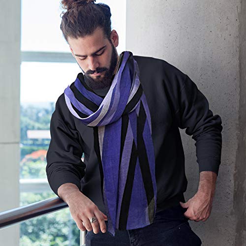 Designer Scarf for Men in Violet & Black, Thin Cashmere Scarves, Abstract Geometric Striped Men's Scarf, Modern Cute Fashion Gift for Him, Original Gifts Ideas