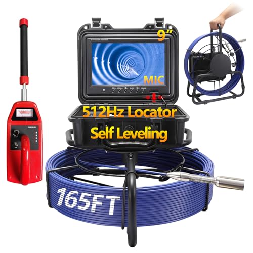 Cámara de Alcantarillado con Localizador, Auto-nivelante, Pantalla IPS de 9", Cámara de Inspección con DVR, MIC, IP68 con 12 LEDs para Hogar, Drene Tuberías