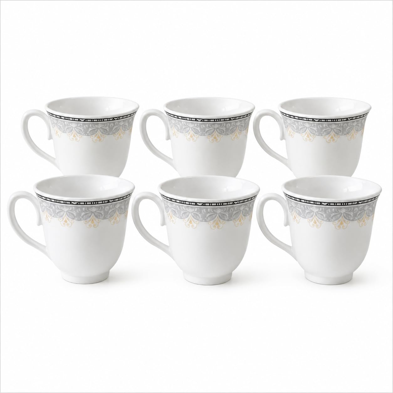 6 x Porcelain Tea Coffee Cups White Gold Grey Patterned Mug Set 8.5cm Ceramic Cups for Tea Coffee Latte Cappuccino Hot Drinks Elegant Dining Kitchen Home Party Serving Gift Cup Set Luxury Porcelain