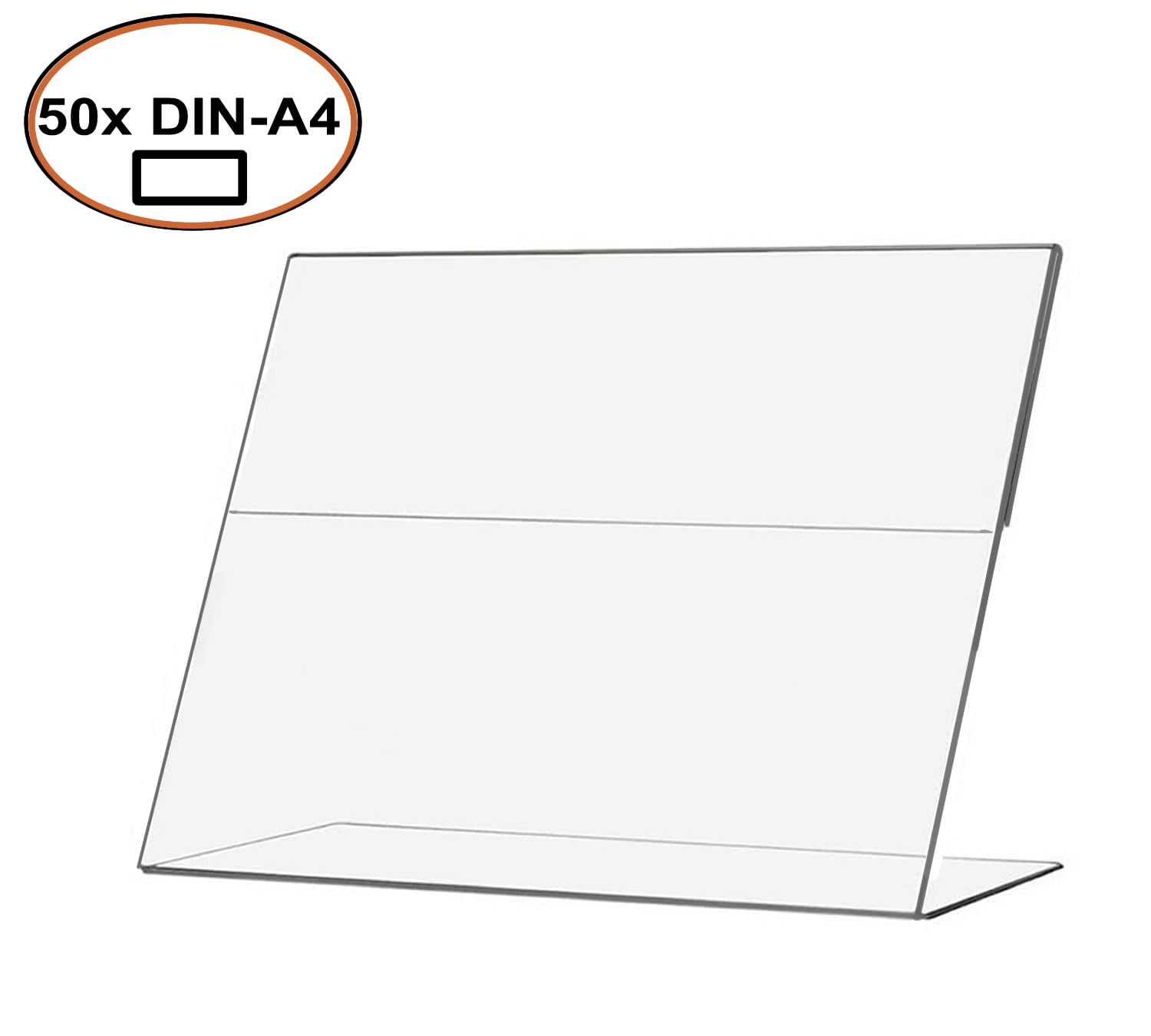TUKA 50X A4 Quer Acryl Anzeige-Ständer Plakataufsteller, Tischaufsteller Schräg L-Ständer, Prospektständer Werbeaufsteller Flyer-Display Speisekartenhalter aus 2,5mm Acryl Glaskla, TKD8201-A4-50x