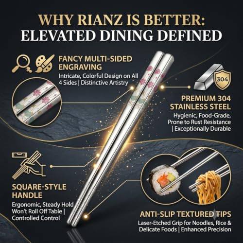 Image of RIANZ Metal Chopsticks Reusable Dishwasher Safe, Chinese Japanese Korean 316 Stainless Steel Chopstick, Square Fancy Color Laser Engraved Chopstick for Cooking Eating, Non-Slip 1 Pair (Style 3)