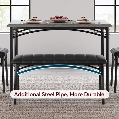 GarveeHome Dining Table Set for 4, Kitchen Table with Upholstered Chairs and Bench, Wood Rectangular Dining Table and Chairs Set for Small Space, Apartment, Dinner, Rustic Gray