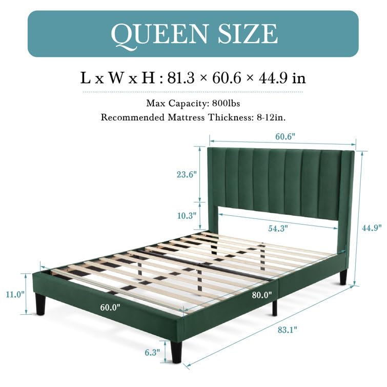 Image of HITHOS Modern Upholstered Queen Size Bed with Wingback Headboard | Wooden Double Bed Cot Palang Without Storage for Living Room Bedroom Home (Green) 1 Year Warranty