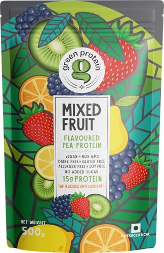 Image of GREEN PROTEIN Protein Isolate Powder, Plant Protein, No Added Sugar, 100% Vegan, Soy Free, Dairy Free, Gluten Free, Allergen Free, 15g Protein Per Serving, Pouch (500g) (Mixed Fruit (500g))