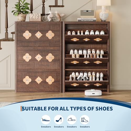 Image of GarveeHome Shoe Storage Cabinet with 3 Flip Drawers, Narrow Wood Shoe Organizer Cabinet with Floral Pattern, Freestanding Slim Shoe Rack Cabinet with Adjustable Shelves, for Entryway, Hallway, Brown | Floral Pattern, Shoe Cabinet for Entryway, Hallway, Living Room, Narrow Wooden Shoe Cabinet with Adjustable Shelves