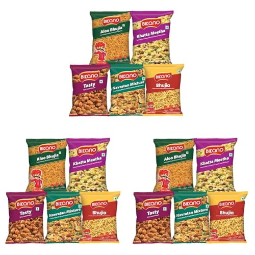 Image of Bikano 5 in 1 Combo Pack | Aloo Bhujia, Bhujia, Khatta Meetha, Tasty & Navratan Mixture | 15 Packs x 200g | Crunchy Indian Namkeen Snacks