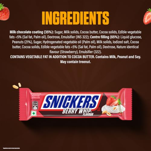 Image of Snickers Berry Whip Flavoured Chocolate Bar | Loaded with Crunchy Peanuts, Nougat & Caramel | Irresistibly Nutty Chocolate Bar | 40g | Pack of 6