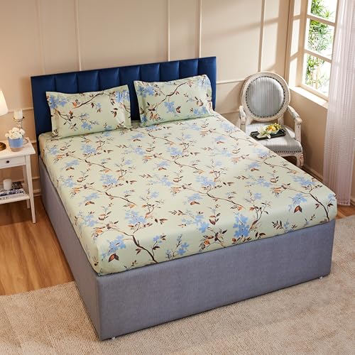 Amazon Brand - Solimo Fitted Double Bedsheet with 2 Pillow Covers | 144 TC Cotton | Wrinkle Resistant (Minty Blossom)