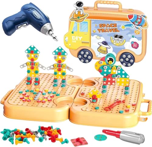 Image of Electric Drill Screw Tool Set Creative Mosaic Puzzle Toy, 224 Pcs 3D Creativity Educational Kit Construction Toy Birthday Gift for Ages 3 4 5 6 Years Boys Girls (Bus Shape Orange)