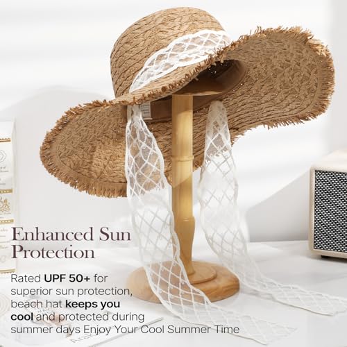 Image of Womens Beach Sun Straw Hat, Wide Brim Sun Hat Travel Foldable Summer Wind Lanyard UPF 50+