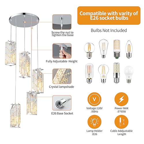 Image of Chrome Pendant Lighting Modern Pendant Light, Mini Crystal Chandeliers,Adjustable Pendant Light Fixture for Kitchen Island Dinning Room Bedroom (5 Light)