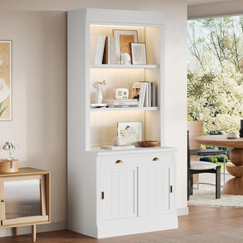 Image of 83.4 inch White Tall Bookshelf with 3-Layer LED Lighting, Modern Wood Bookcase with Sliding Doors and Open Shelves, Tall Storage Bookshelf with Cabinet for Living Room,Home Office (White)