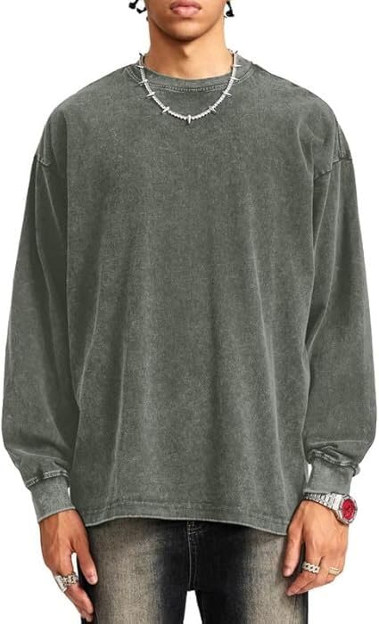 Vamtac Long Sleeve Shirts For Men Oversized Crewneck Sweatshirt Casual Acid Wash Tshirt Cotton T-Shirts Unisex Pullover Top4