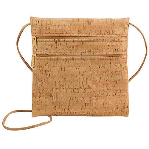 Double Zipper Pocket Cork Cross Body Bag with Natural Zipper