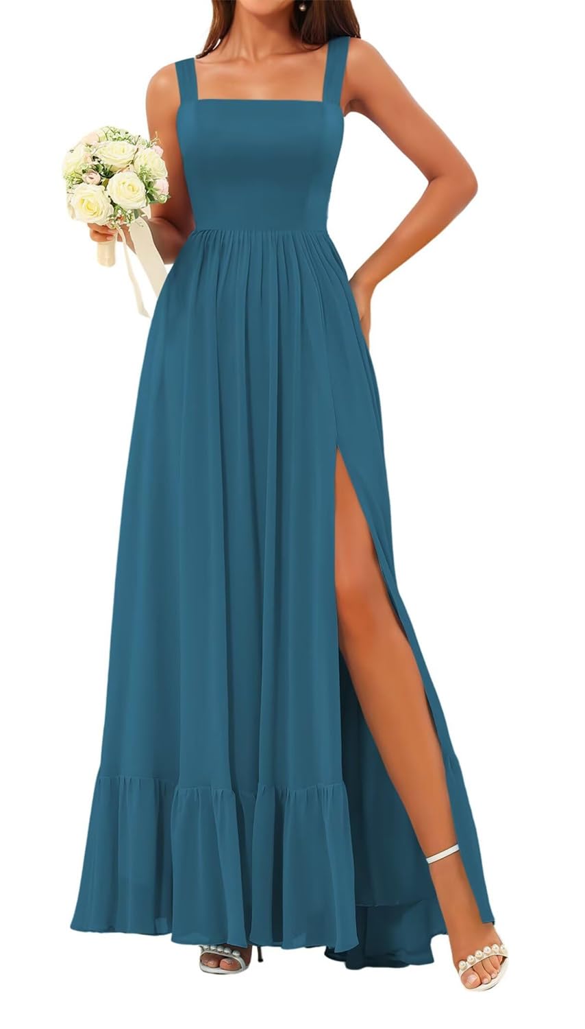 Hppee Women's Teal Bridesmaid Dresses For With Slit Ruched Square Neck Chiffon Maid Of Honor Long Formal Dress Uk12