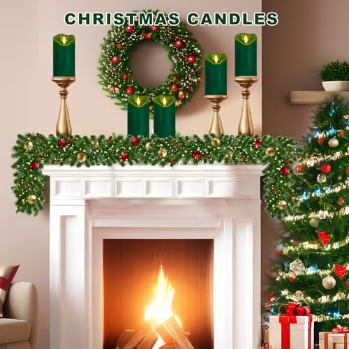 Image of Green Flameless Candles Set of 2, Christmas Candles with Remote & Timer