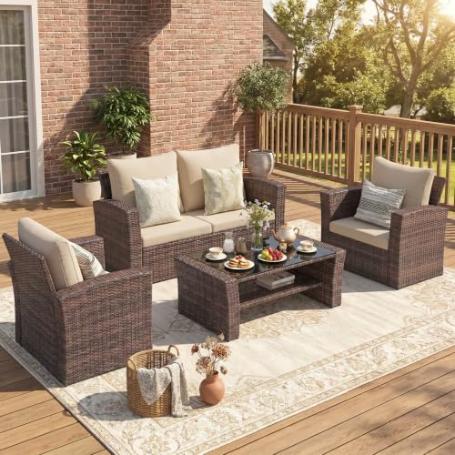 Image of Wisteria Lane 4 Piece Patio Furniture Set, Wicker Outdoor Patio Conversation Furniture Set, All Weather Outdoor Patio Sofa with Cushion and Wood Table, Brown and Beige