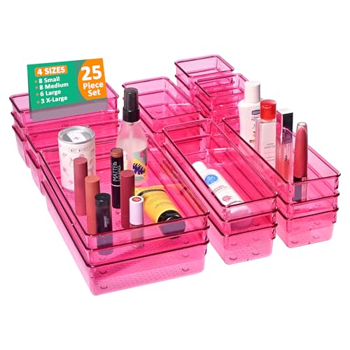 Image of Kuber Industries Acrylic Set of 25 Transparent Cosmetic Organizer Tray | Drawers Organisers for Kitchen, Office and Bathroom Vanity Makeup | Stationery Storage Drawer Divider Tray | Pink