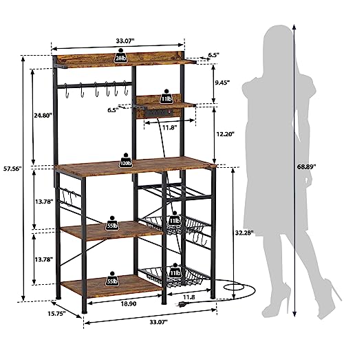 Kitchen Bakers Rack With Power Outlet, Microwave Stand With 5 Tiers Utility Storage Shelf, Coffee Bar Station Organizer With Wine Rack, Island Table With 2 Pull Out Wire Basket Drawers, Rustic Brown #TOP2