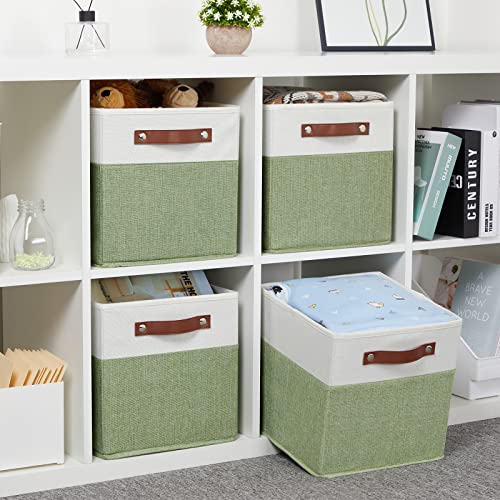 Hnzige Fabric 11X11 Cube Storage Bins, Set Of 4, Foldable Storage Cube Bin Baskets For Shelves With Handles, Bins For Cube Organizer Home Toy Nursery Closet(Green White) #TOP3
