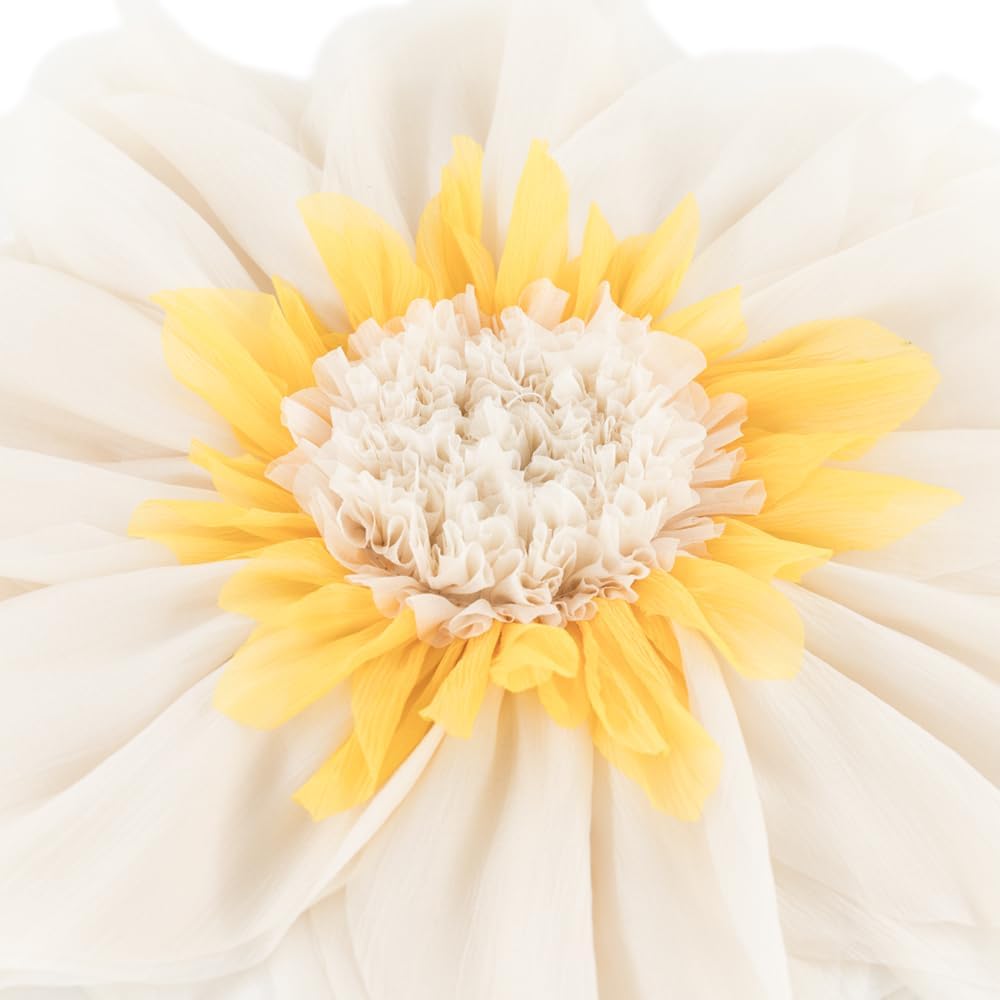 3D Cream White Flower Round Decorative Throw Pillow with Insert Soft Cute Floral Accent Pillow Cushion for Bed Couch Bedroom Living Room Boho Aesthetic Home Decor 12Inch White and Yellow