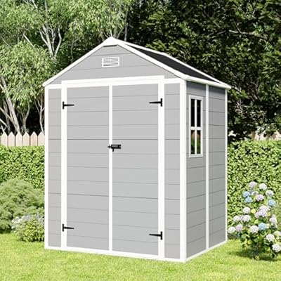 6' x 5' Outdoor Storage Shed, Resin Garden Shed with Windows, Lockable Door and Vents, Bike Storage Shed with 3-Proof Design Roof for Patio, Backyard, Lawn, Tool Storage, All Weather Use (Grey)
