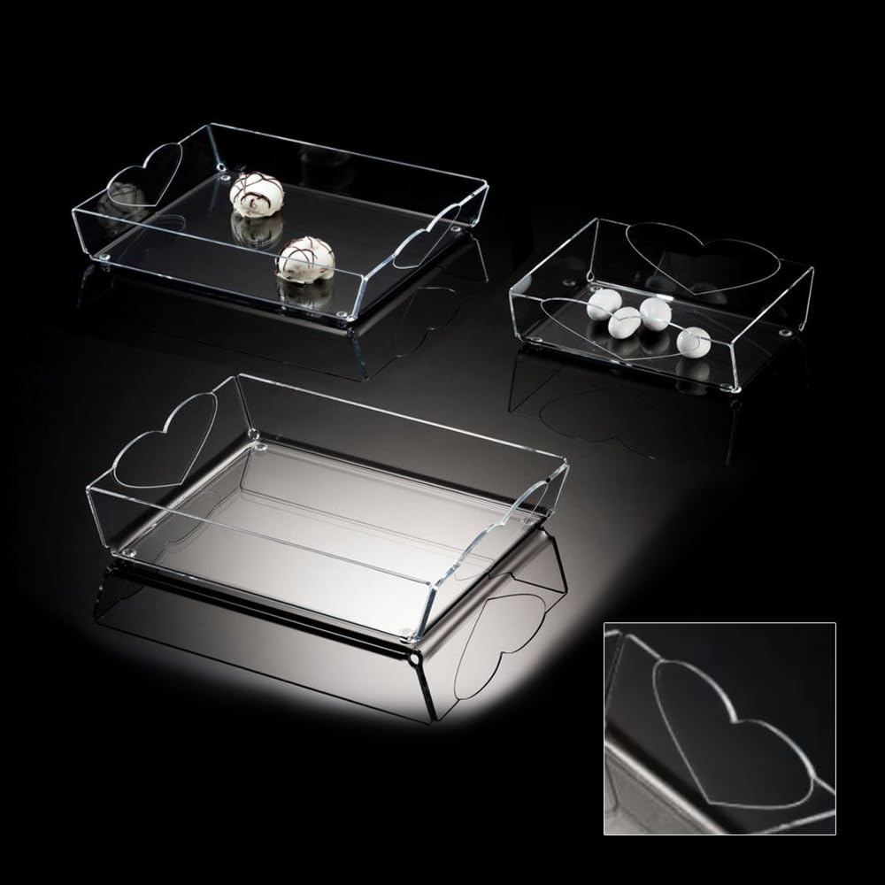 Set n. 3 Vassoi in acrilico trasparente in 3 misure diverse per bar colazione caffè the aperitivi antipasti porta oggetti e corrispondenza centro tavola beauty cuore