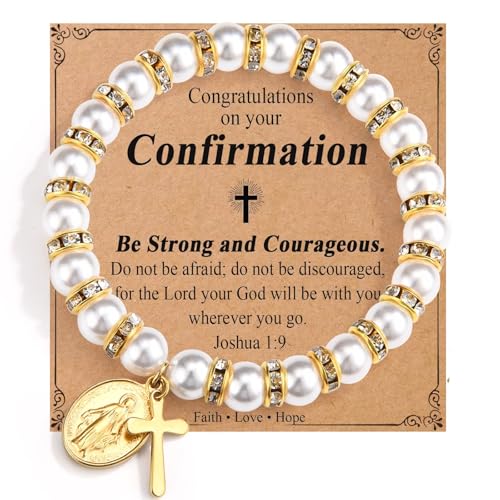 Pearl Cross Bracelet for Girls Catholic Baptism Confirmation Holy Communion Gifts for Teen Girls Easter Stuffers Religious Jewelry for Teens