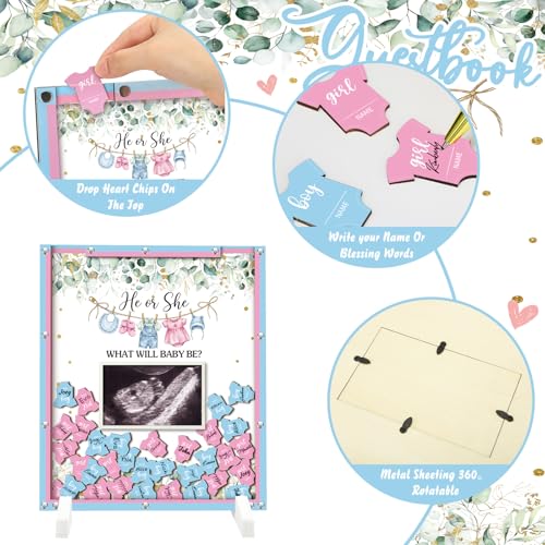 Image of Beeveer 65 Pcs Gender Reveal Baby Shower Guest Book Alternatives Greenery He or She Gender Reveal Decorations Sign in Guest Book with Picture Frame and 60 Wooden Chip for Boy or Girl Party Keepsake