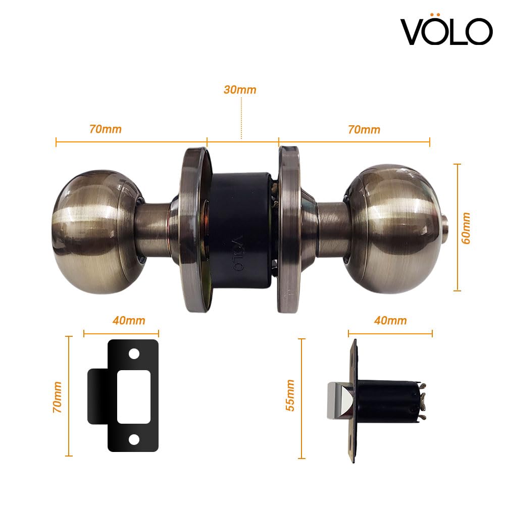 VOLO Antique Finish Tubular Entry Door Knob with Lock - Durable Handle for Bathrooms, Bedrooms, and Home (Waterproof) (Without Keys) — Amazon image 2