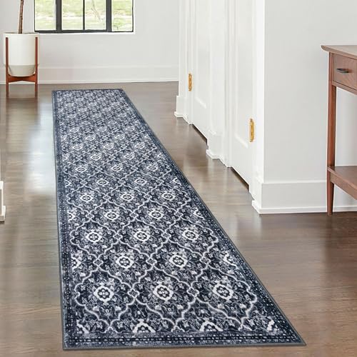 KILOCOCO 2x8 Runner Rug, Moroccan Super Soft Washable Hallway Runner Rug, Accent Print Faux Wool Kitchen Runner Rug 8 Feet Non-Slip Rug Runner for Laundry Room Bedroom, Black/Navy Blue White