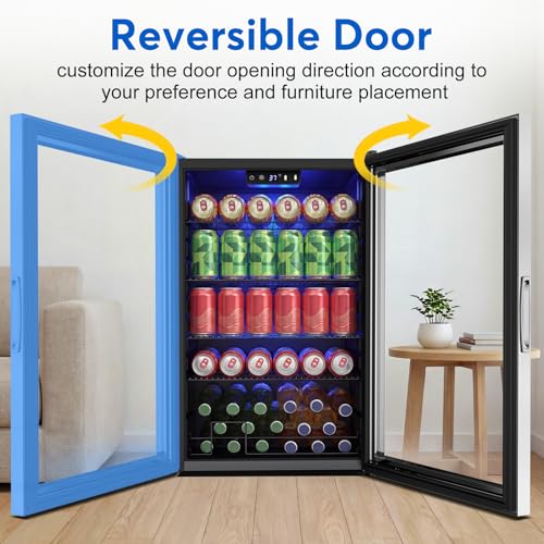 Image of FoMup Beverage Refrigerator 150 Can with Glass Door - Mini Drink Cooler with Reversible Door, Safety Lock & Temperature Control, Small Fridge for Beer Soda Wine, Compact for Dorm Office Hotel