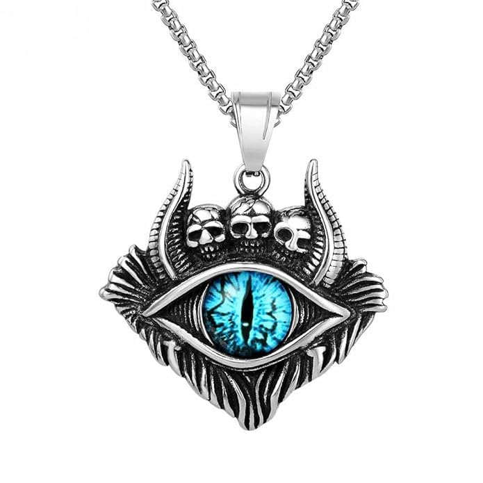 Vintage Retro Style Demon Satan Horn Gothic Blue Eye Skull Pendant Chain for Men & Boy-image-34
