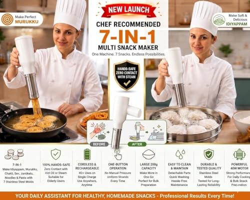 Image of Automatic Electric Idiyappam Maker with 7 Stainless Steel Molds | Rechargeable Cordless Murukku & Chakli Maker Machine | Heavy Duty 40W Motor Sev Press, Pasta & Noodle Maker | 200g Capacity