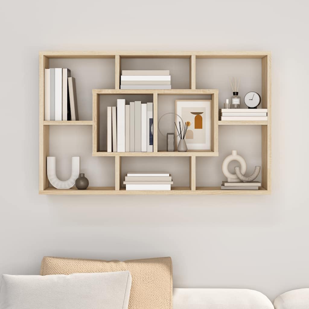 Sonoma Oak Engineered Wood Floating Wall Shelf with Eight Compartments for Storage and Organization, Modern Design for Living Room Decor