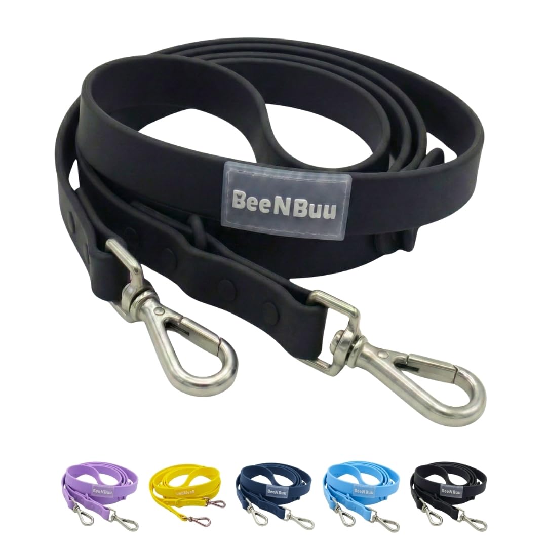 Waterproof Dog Leash – 5ft/6ft Adjustable with 2 Hooks & Traffic Handle, Easy to Clean Double Clip Leash for Small, Medium, Large Dogs (Black, Medium (Length 5 1/2 ft, Width 3/4"))