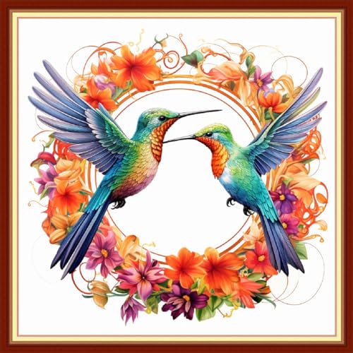Image of Joyhoor Cross Stitch Kits for Beginners Stamped Cross-Stitch Supplies Needlework preprint Embroidery Kits for Adults DIY Needlepoint Kits Embroidery Patterns 11CT-Hummingbird Wreath 18x18 inchs