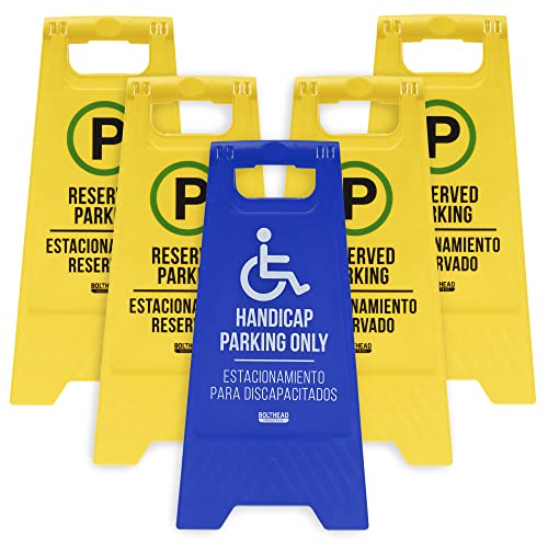 Restricted Parking Signs - 4 Reserved Parking and 1 Handicap Parking Only Sign with Message in English and Spanish - Bilingual Double-Sided, Fold-Out High-Visibility Sign for Public Lots and Spaces