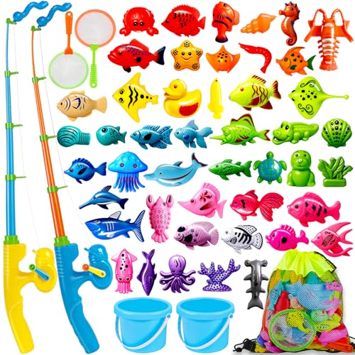CozyBomB™ Magnetic Fishing Toys Game Set for Kids | Water Table Bathtub Kiddie Pool Party & Pole Rod Net, Plastic Floating Fish Toddler Color Ocean Sea Animals Birthday Age 3 4 5 6 Year