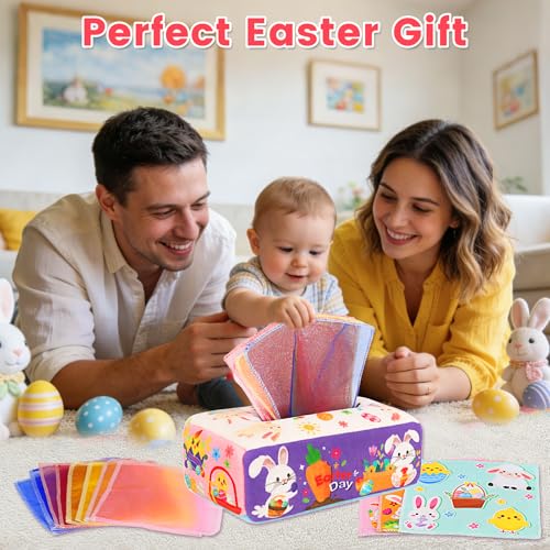 Image of Easter Baby Toys - Easter Basket Stuffers for Babies 6-12 Months - Baby Tissue Box Toy Montessori Soft Stuffed Bunny High Contrast Crinkle Infant Sensory Toys 6 7 8 9 Months Easter Boy Girl Gifts