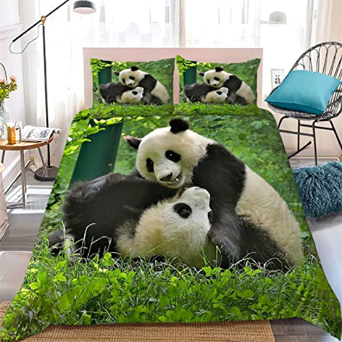 CANWEN Housse de Couette 200x200 Panda Vert Imprimé Parure de Lit 1 Personne pour Adolescents Respirant Microfibre Housse de Couette avec Fermeture Éclair + 2 Taies d'oreiller 65x65 cm